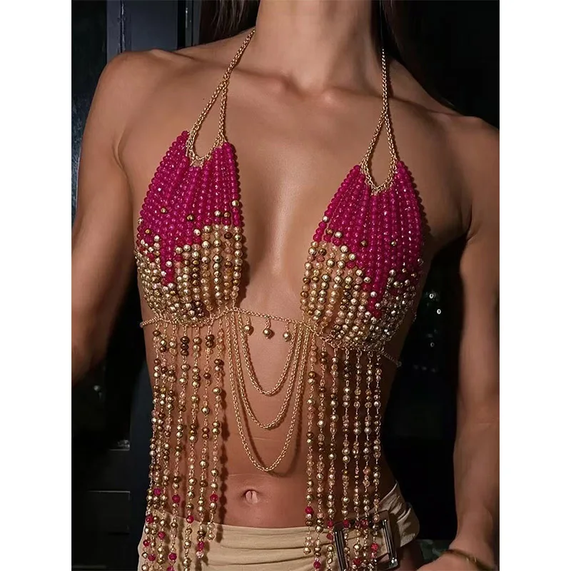 Crystal Beaded Bustier Tassel Halter Top Sexy Body Chain Backless Crop Top for Party Rave Festival Handmade Beading Camisole