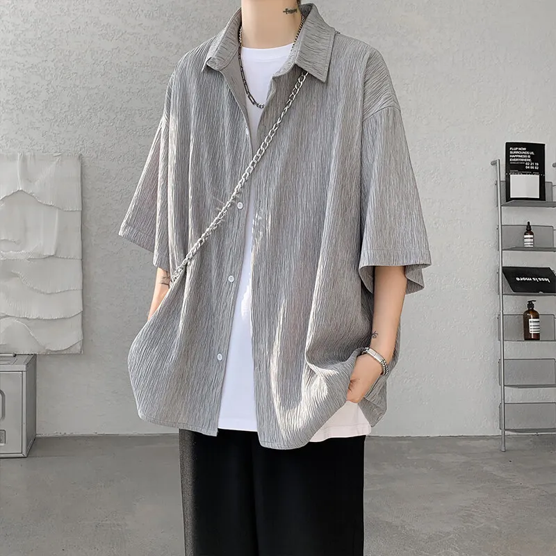 Wine Red Side Buttons Pleated Shirt Black Apricot Harajuku Button Up Korean Short Sleeve  Male Shirts Men Blouse