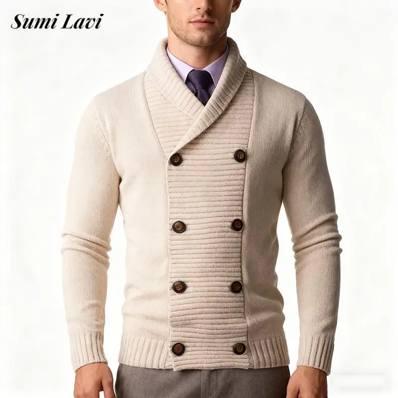 

Casual Long Sleeve Slim Sweatercoats Men Fall Winter Leisure Double-breasted Lapel Knit Jackets For Mens Vintage Outerwear