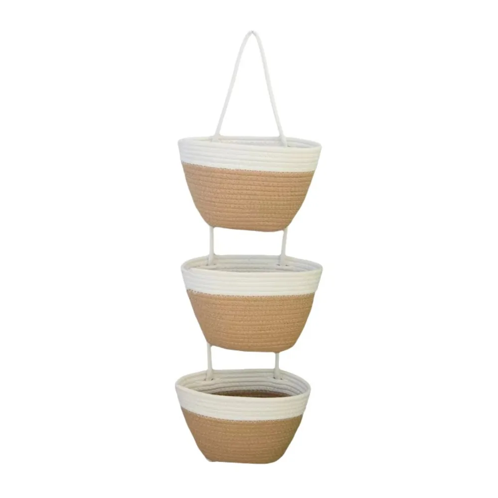 3-Tier Multi Pocket Hanging Baskets Woven Cotton Tassel Woven Hanging Organizer Handwoven Multi-Purpose Wall Mount Storage Bag