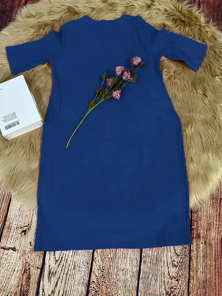 Übergrößen 1XL-5XL Damen Locker Sitzendes Baumwoll-Leinen-Kleid mit Taschen, Sommerkleid mit Rundhalsausschnitt und kurzen Ärmeln sowie Strandparty-Kleid – Detail 3
