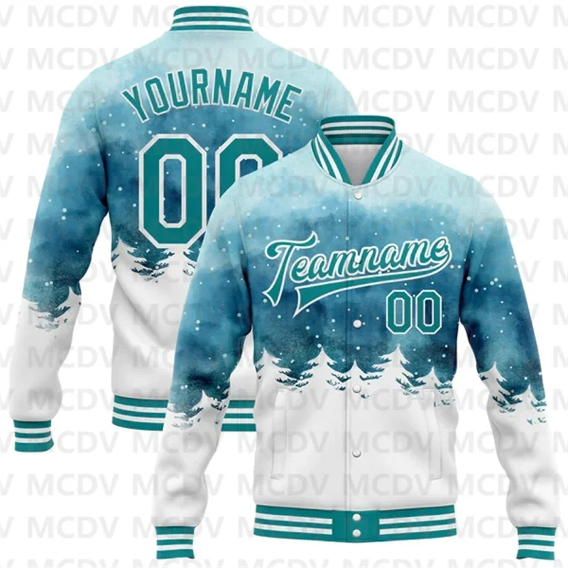 Custom Gray White-Black Watercolor Forest With Fog 3D Pattern Design Bomber Full-Snap Varsity Letterman Jacket