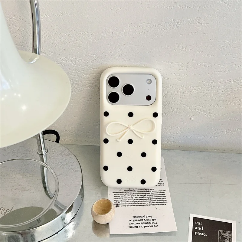 Korean 3D White Bowknot Black Polka Dots Soft Silicone Phone Case For IPhone 17 16 15 14 13 Pro Max Shockproof Protective Cover view 5