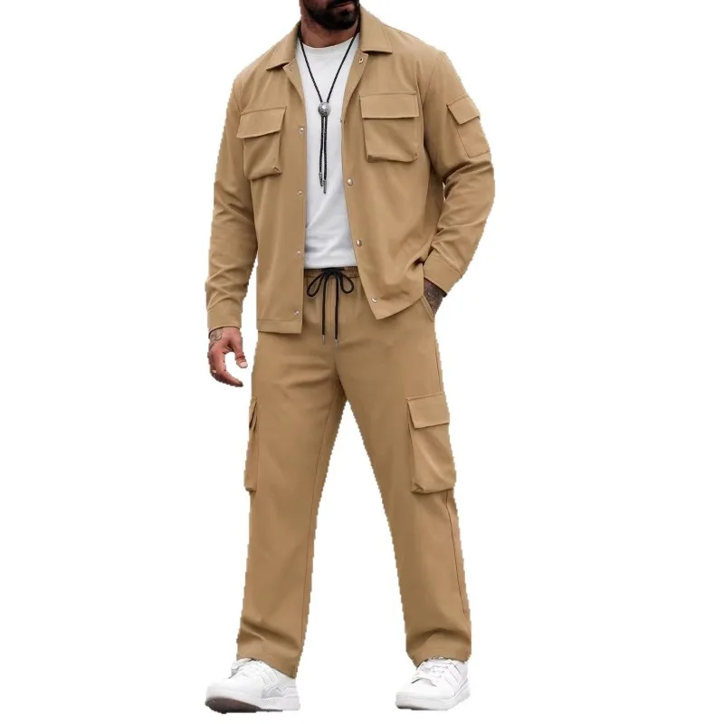 

Men's 2 Piece Cargo Outfit Long Sleeve Button Down Shirt and Drawstring Cargo Pants Set Casual Streetwear Tracksuit