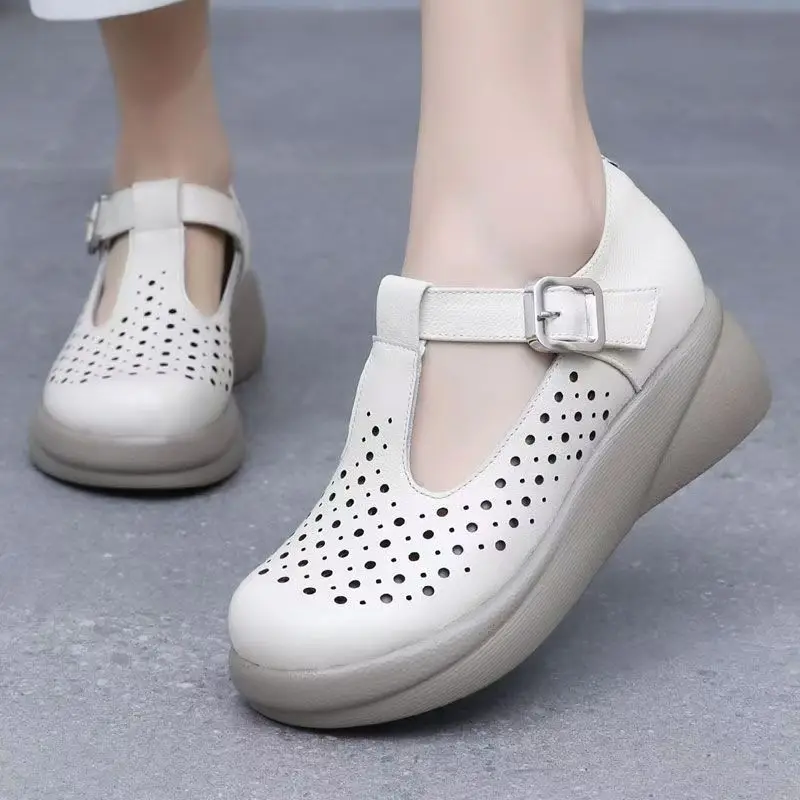

Women Summer New Genuine Leather Hollow Out Wedges Sandals Thick Sole Non Slip Round Toe Velcro Breathable Cave Nude Shoes