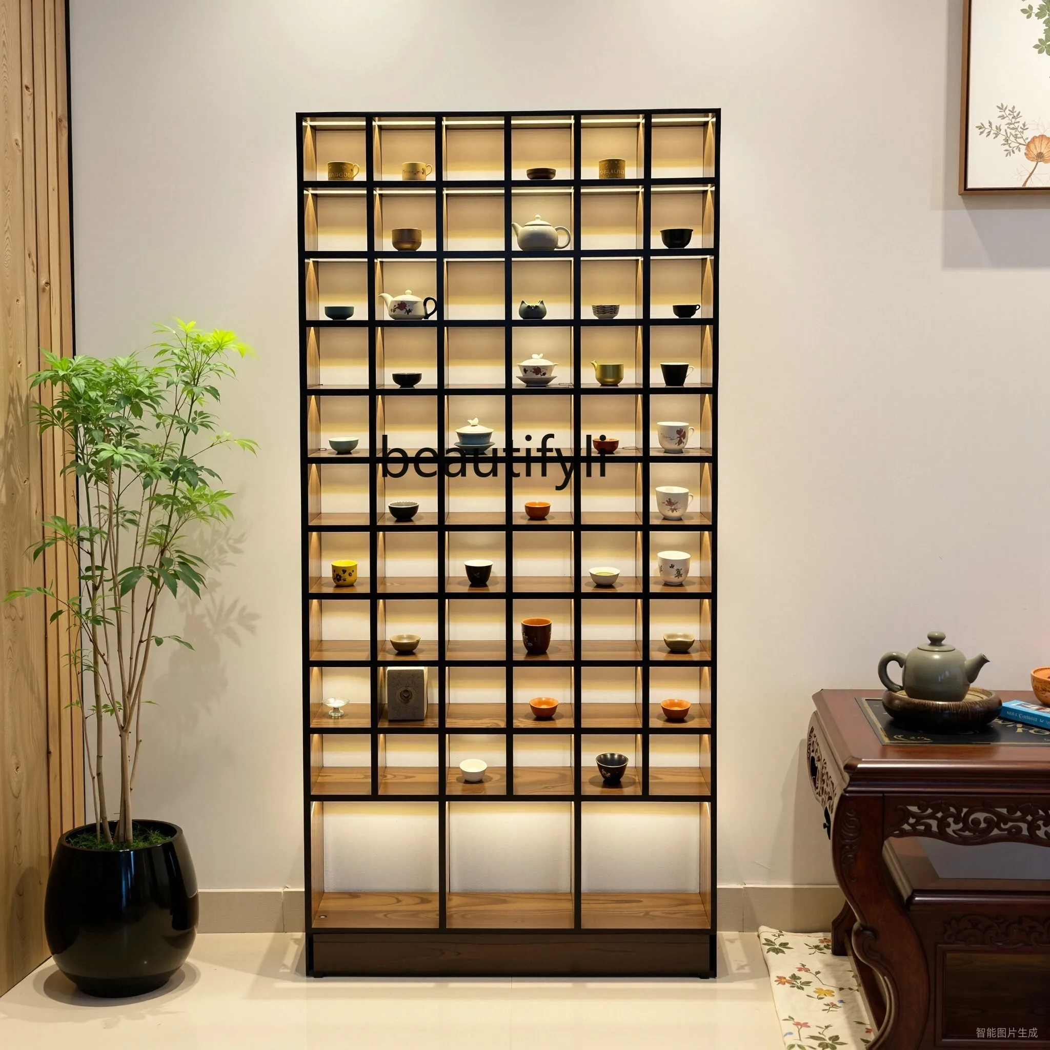 

Walnut Bogu rack with lamp lattice rack, tea leaves with lamp wall hanging to the ground, teapot and water cup
