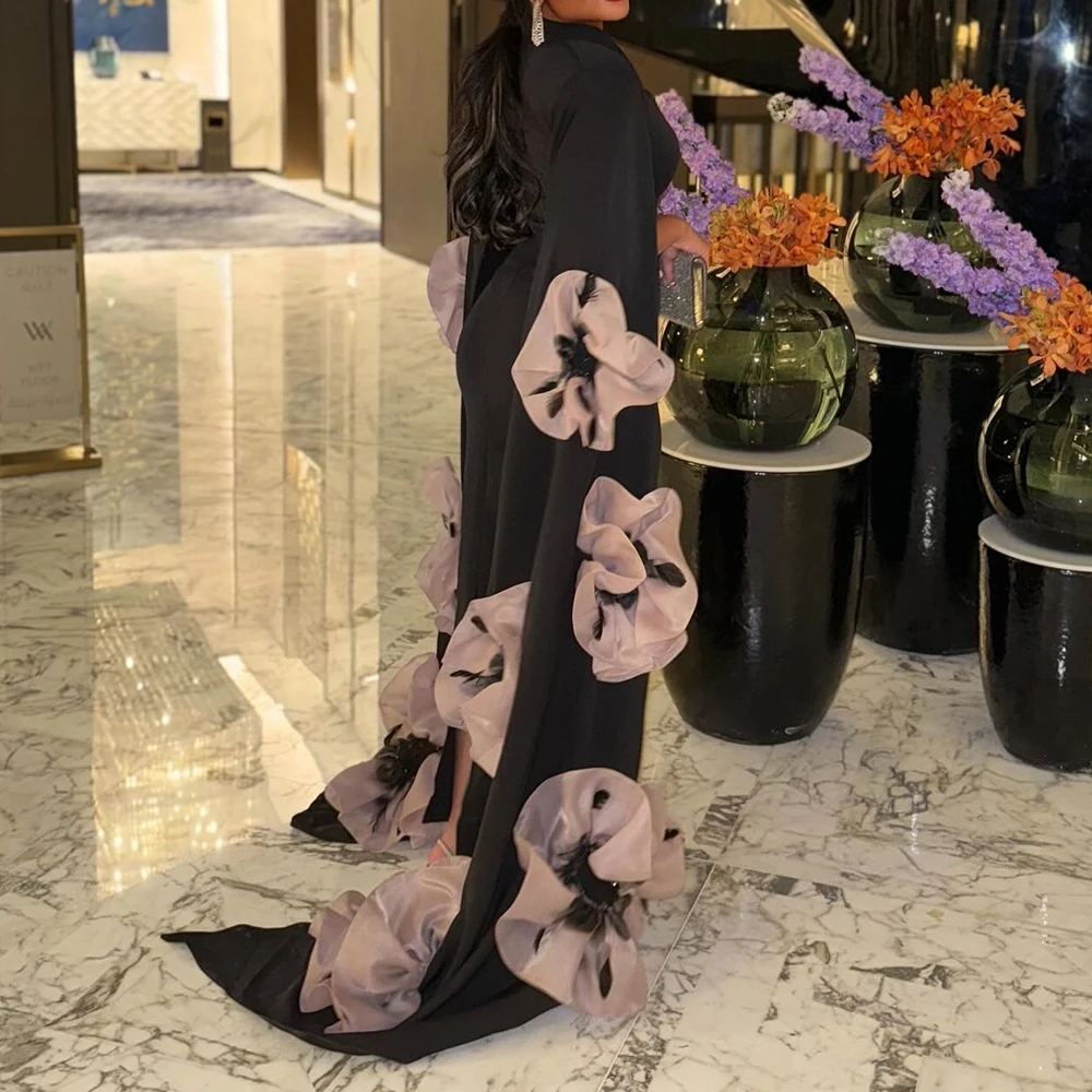 Customized Formal Flowers Off the Shoulder Jersey Evening Dresses Temperament Straight Floor Length Square Neck Long Sleeves