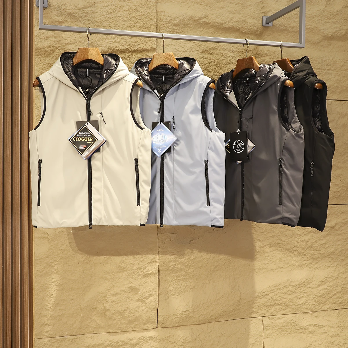 Men's Faionable Casual Hooded Wool-filled Windproof Water-resistant Warm Anti-static Outdoor Vest Autumn Winter Stand Fit
