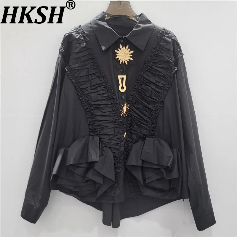 

HKSH 2026 Spring Autumn New Women Shirt Metal Buttoned Ruffled Pleated Patchwork Long Sleeve High-End Blouse Elegant Top HK19122