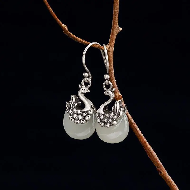 Imitation Hetian Jade Women, Platinum-Plated, , Peacock Earrings, A Vintage-Style