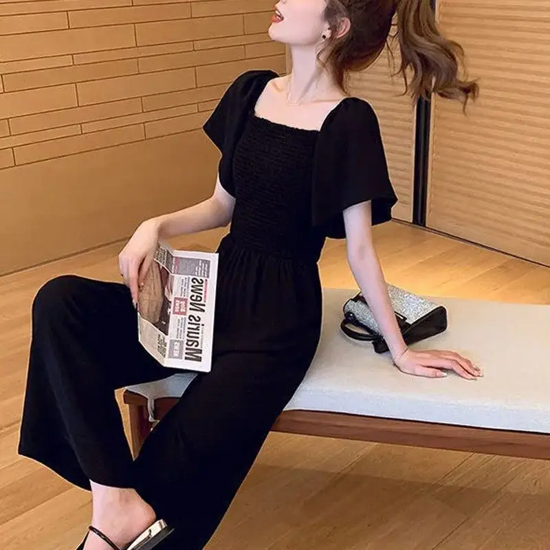 Jumpsuits Women Office Lady Summer Fashion Square Collar Design Temperament Lightweight Basic Solid Straight All-match Harajuku