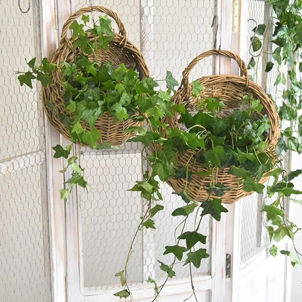 Wall Mounted Rattan Basket Hanging Planter Basket Handmade Wicker Flower Pot Home Garden Decor Woven Rattan Vase Baskets