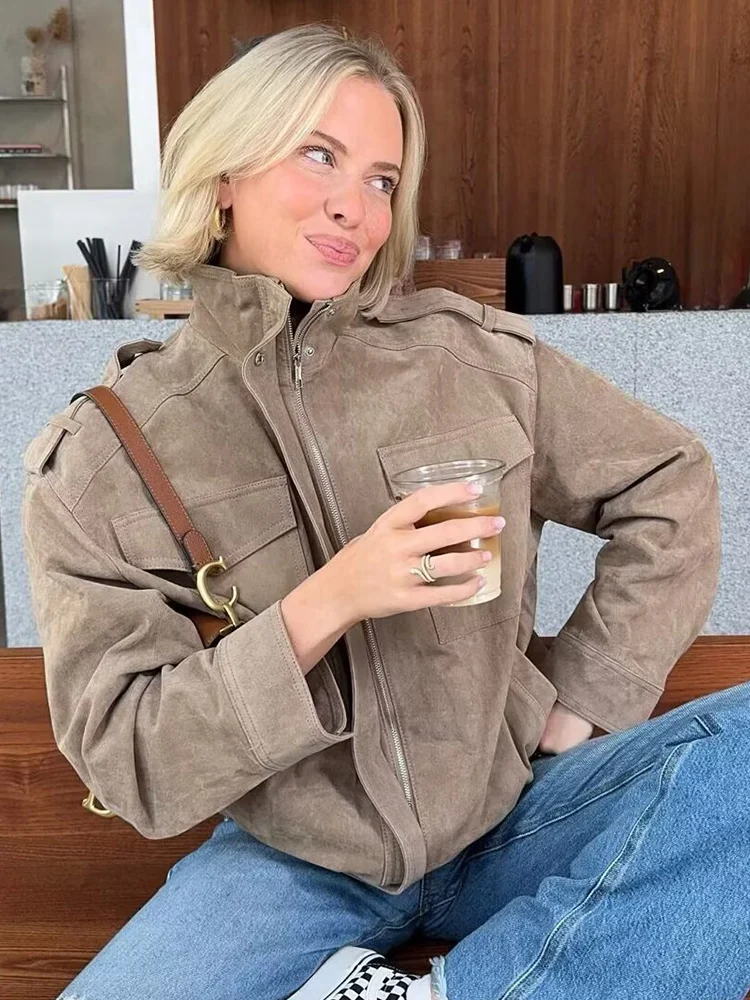 

Шикарные повседневные мягкие куртки-бомберы, новинка 2025, осень-зима, женские пальто на молнии с длинными рукавами и лацканами, модная уличная одежда, свободная верхняя одежда