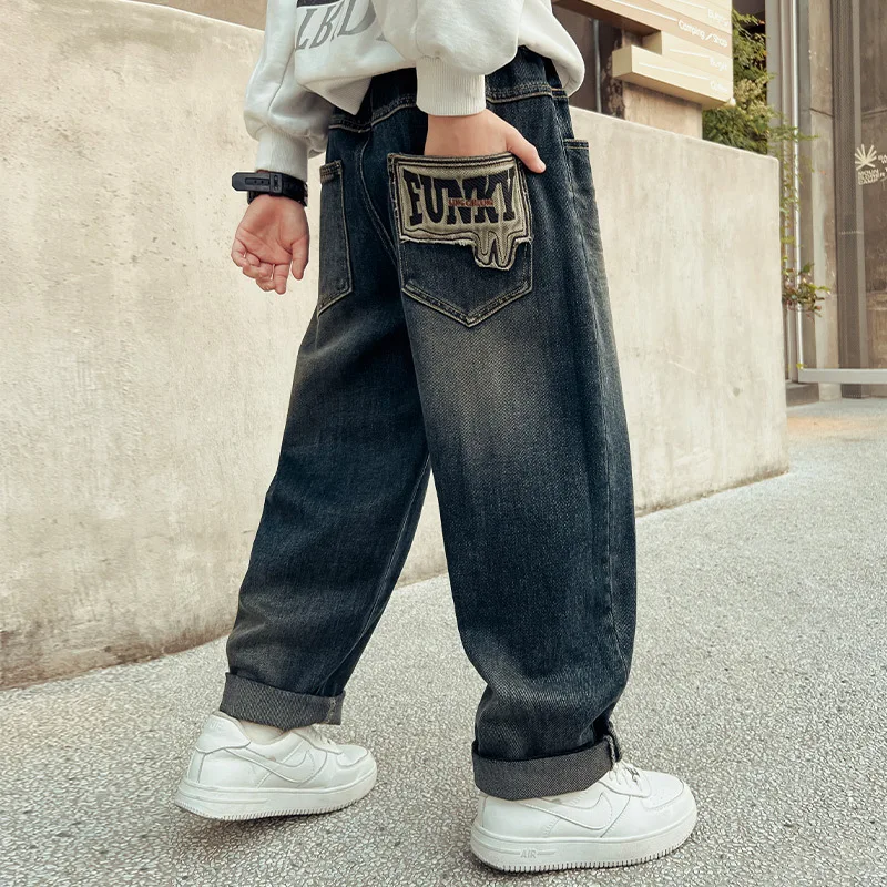 Teenagers Boys Jeans Spring Autumn Kids Denim Trousers Children Baggy Pants Elastic Waist Blue Jeans 6 7 8 10 11 12 13 14 Years