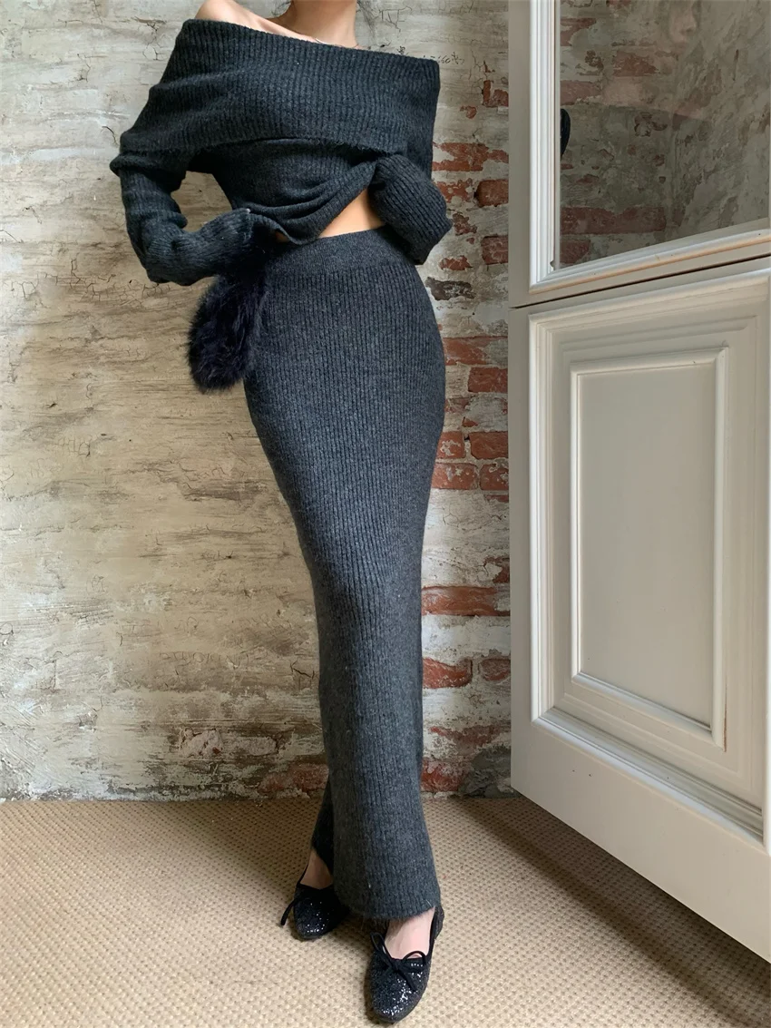 PLAMTEE Winter Slim Knitwear Suits Women Chic Slash Neck Sweaters 2023 Gentle Sexy Maxi Skirts Office Lady High Street Suits