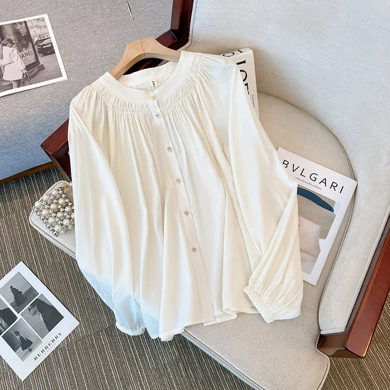 حجم كبير مطوي irt المرأة الراقية فضفاض التخسيس فقاعة Sve بلوزة شيفون العصرية الحلو Sle طويل Sve ميدي طول #2