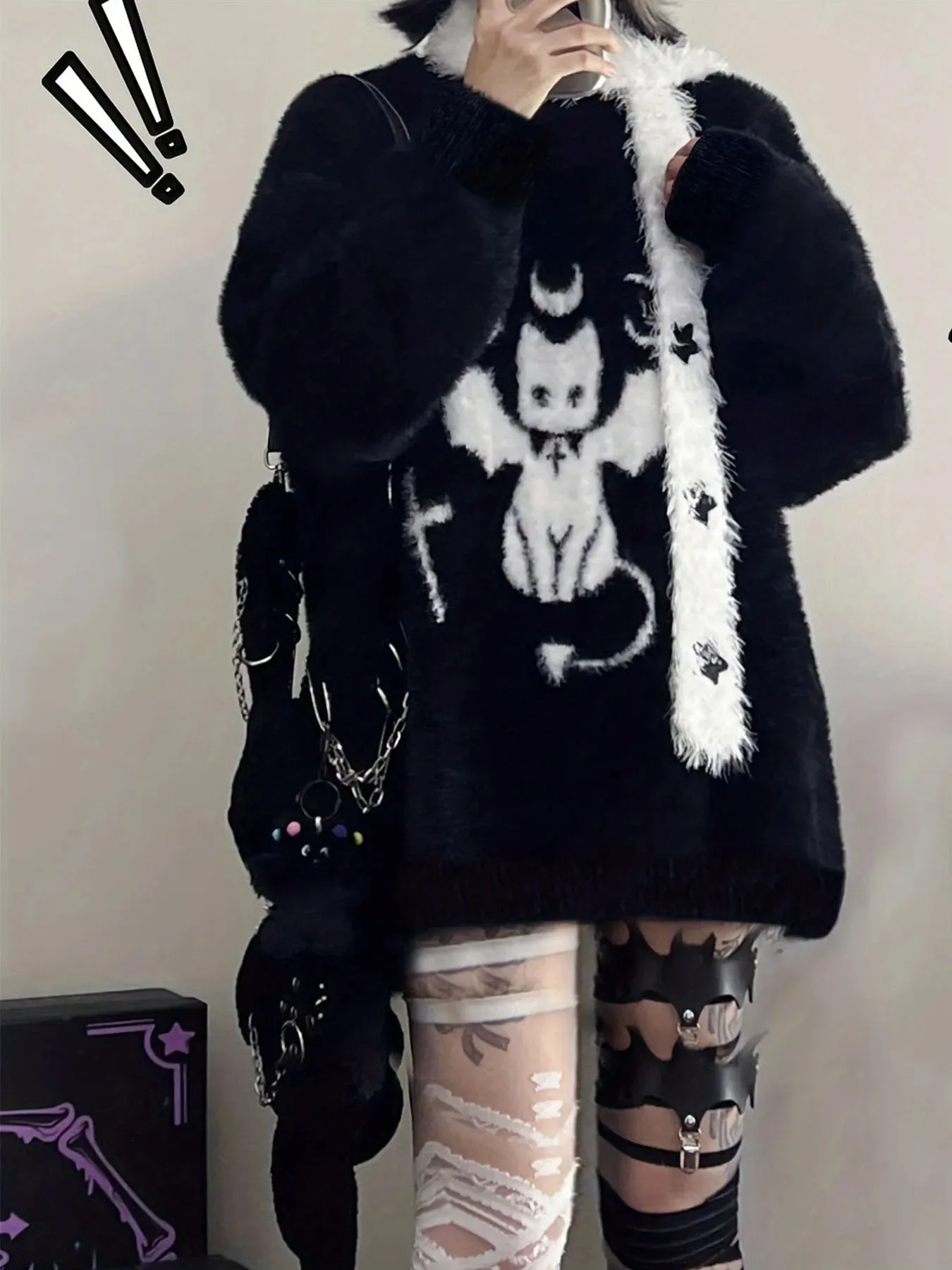Harajuku Gothic Casual Oversized Knitted Jumpers Grunge Cartoon Sweater Fashion Knitwear Y2k Aesthetic Balack Loose Pullover image 4