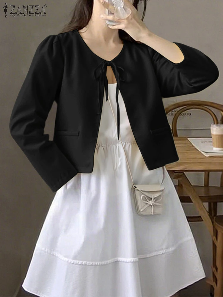 2025 ZANZEA Módní dámské kabáty Podzimní bundy s dlouhým rukávem Jednobarevné bandážované otevřené stehy Neformální kardigany Volné svrchní kabáty - náhled 2