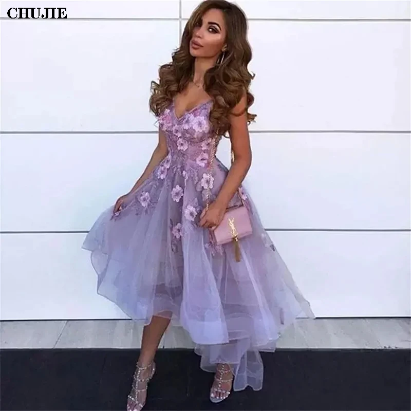 3D Flower Lavender Prom Dress Cocktail Dresses High Low V Neck Lace Applique Tulle Homecoming Gowns Vestido de graduación - view 4
