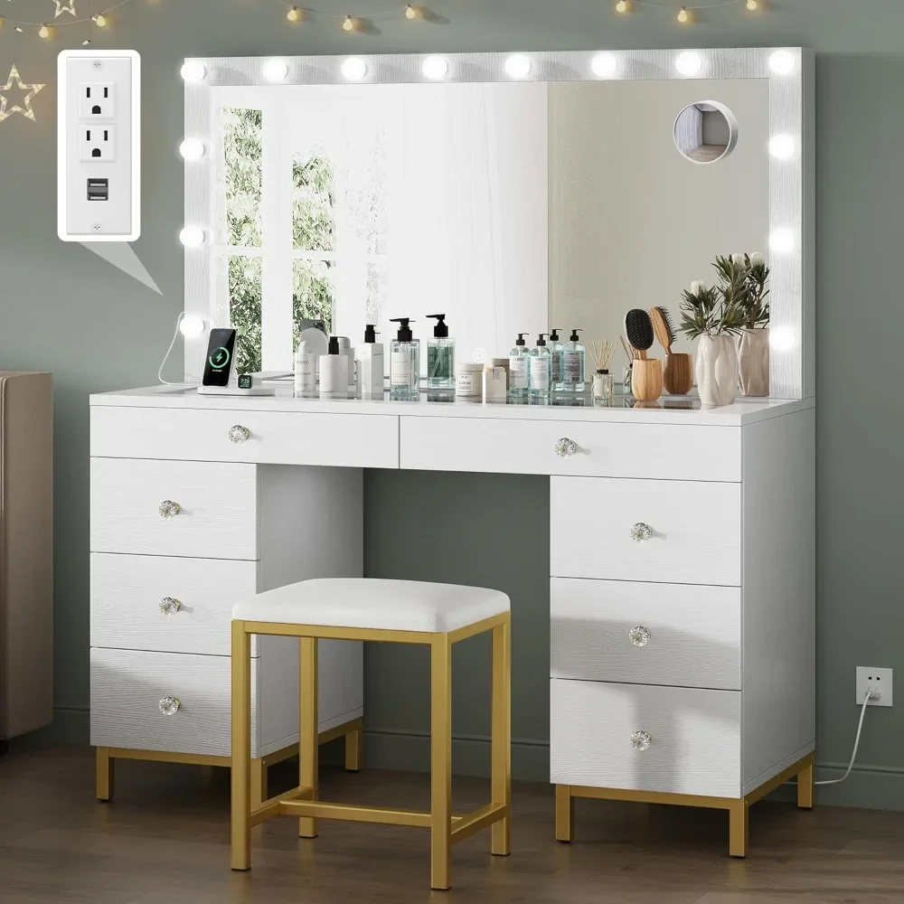 Vanity Desk with Mirror, Power Outlet and 14 Lights, Makeup Table with 8 Drawers, 3 Lighting Colors, Vanity Desk