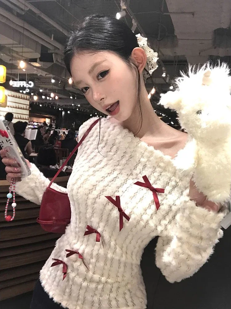 Deeptown Sweet Bow Knitted Pullover Women Off Shoulder Sexy Long Sleeve Sweaters Korean Style Kawaii Autumn Winter Pullovers