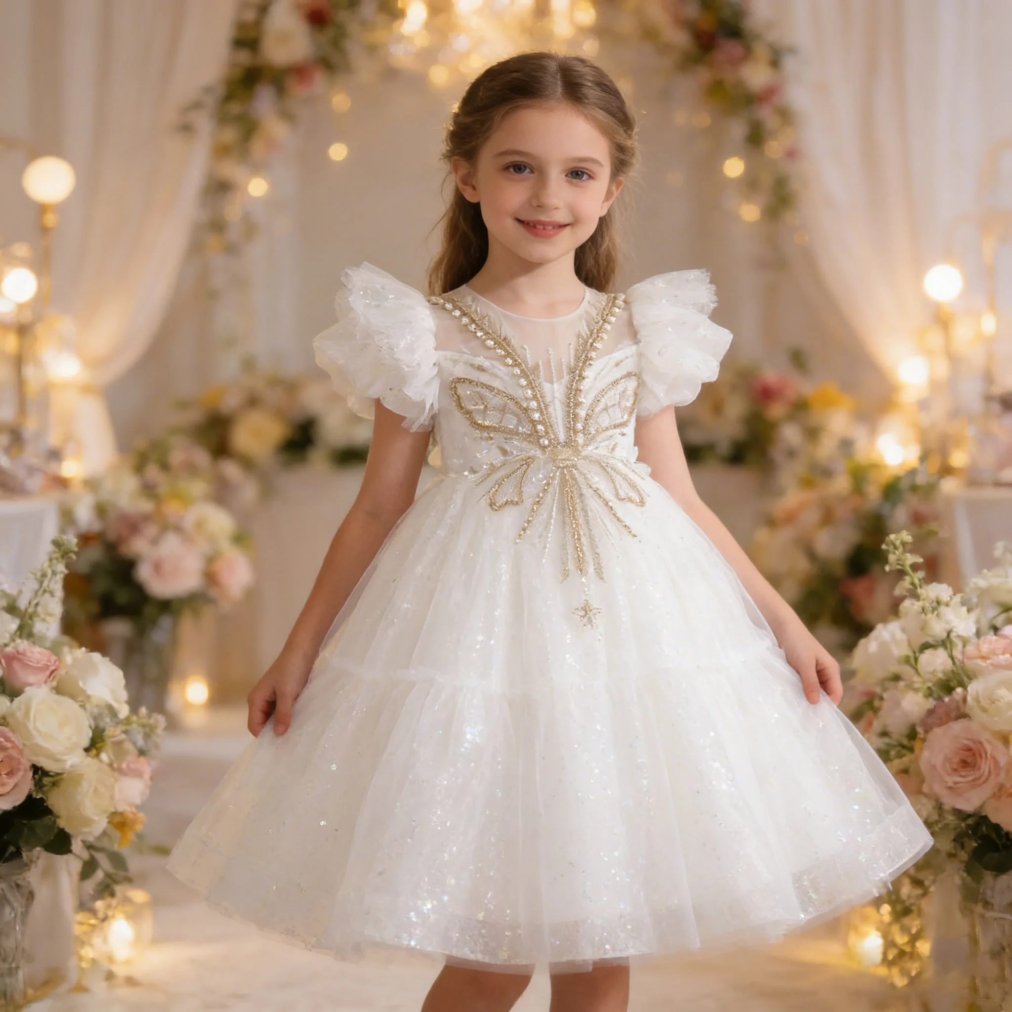 

Teenage Children's Dress Girls' Princess Sequin Long Mesh Flower Girl Wedding For Summer Elegant Dresses Bridemaid Ball Gown