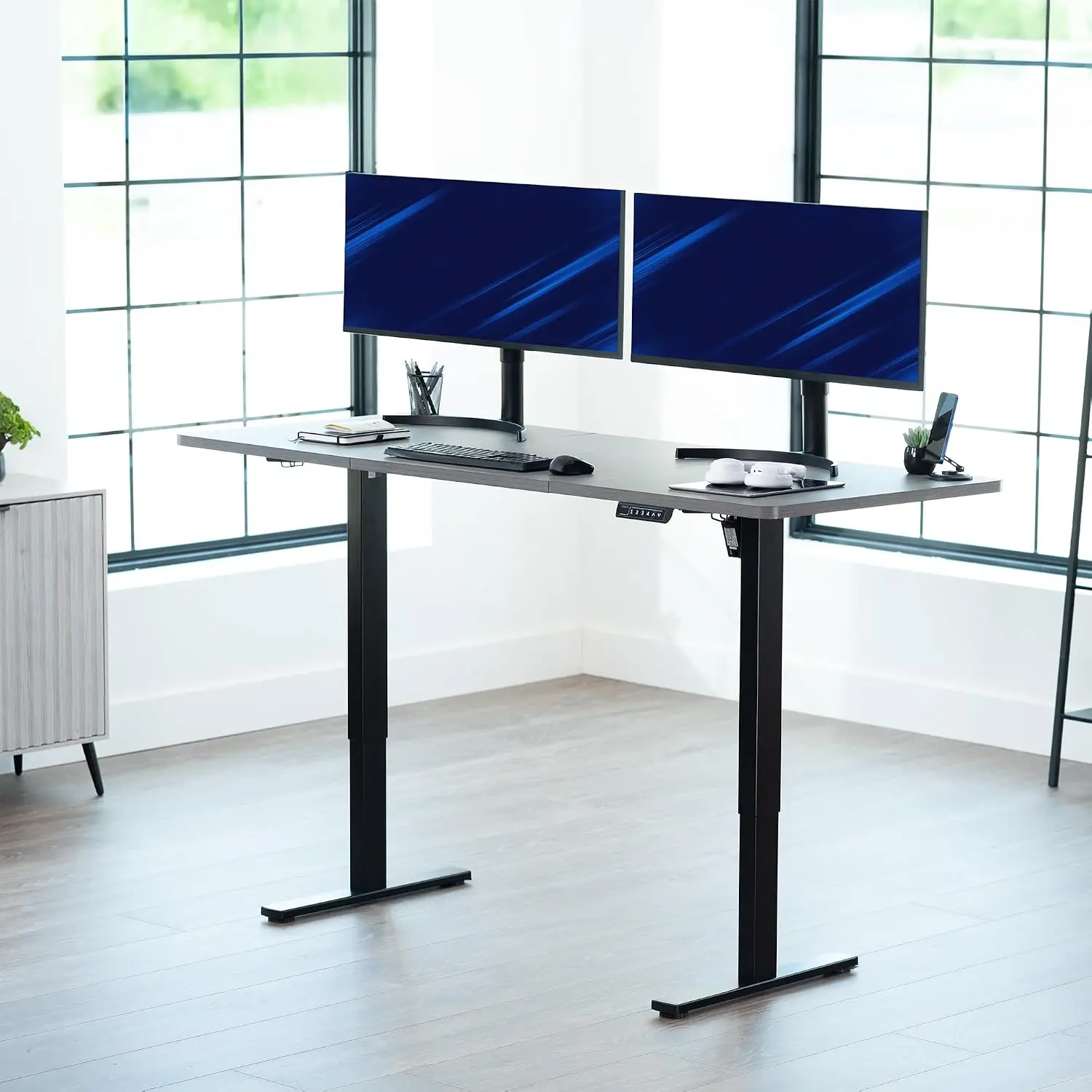 Dark Gray 71x30in Electric Standing Desk, Height Adjustable Sit Stand, 220 lbs, Memory Preset, Deep Top, Black Frame, Customized