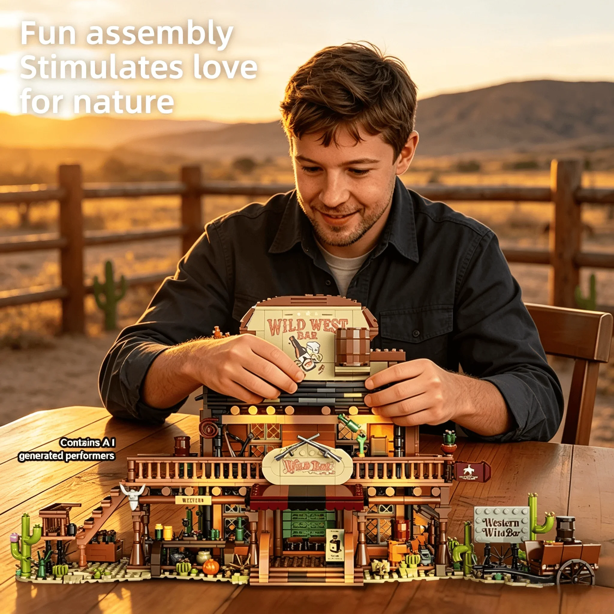 Street Scene Building Block Set 1902 Pieces Western Cowboy Bar Model with Led Adult Building Blocks Birthday and Holiday Gifts