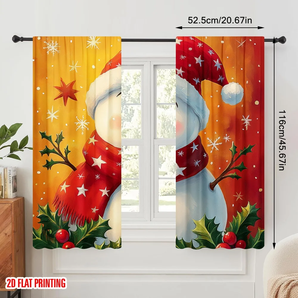 2pcs,2D plane printing Print Curtains Cute Snowman Festive Holiday Stars (2) Versatile 100% Polyester (without rod) Festive Use