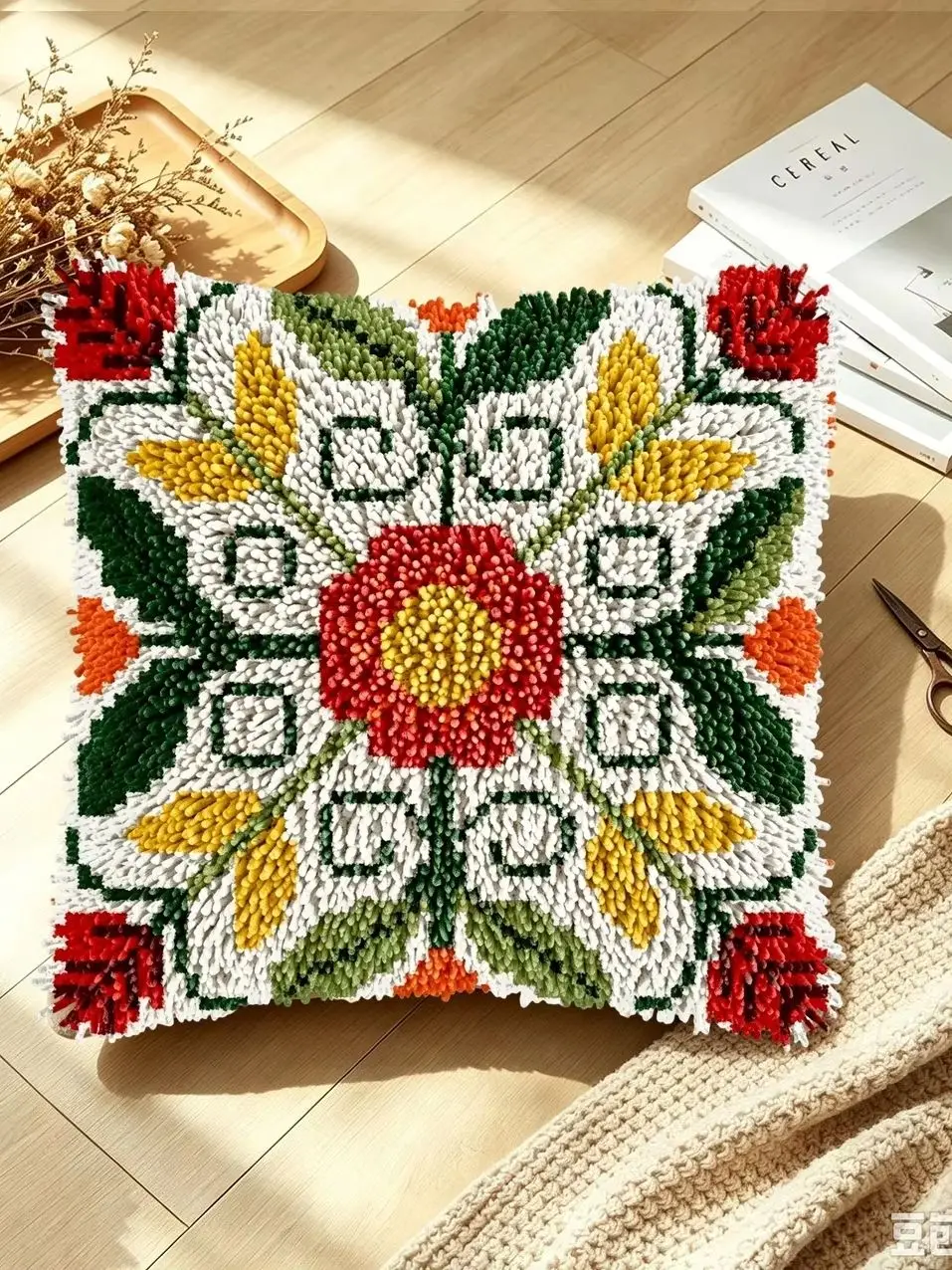 1 Set Geometrisches Blumenknoten-Kissen-Set mit Häkelnadel, Kissenbezug-Set für Handarbeiten, Häkelnadel-Sets, DIY, anfängerfreundlich, Emb – Detail 1