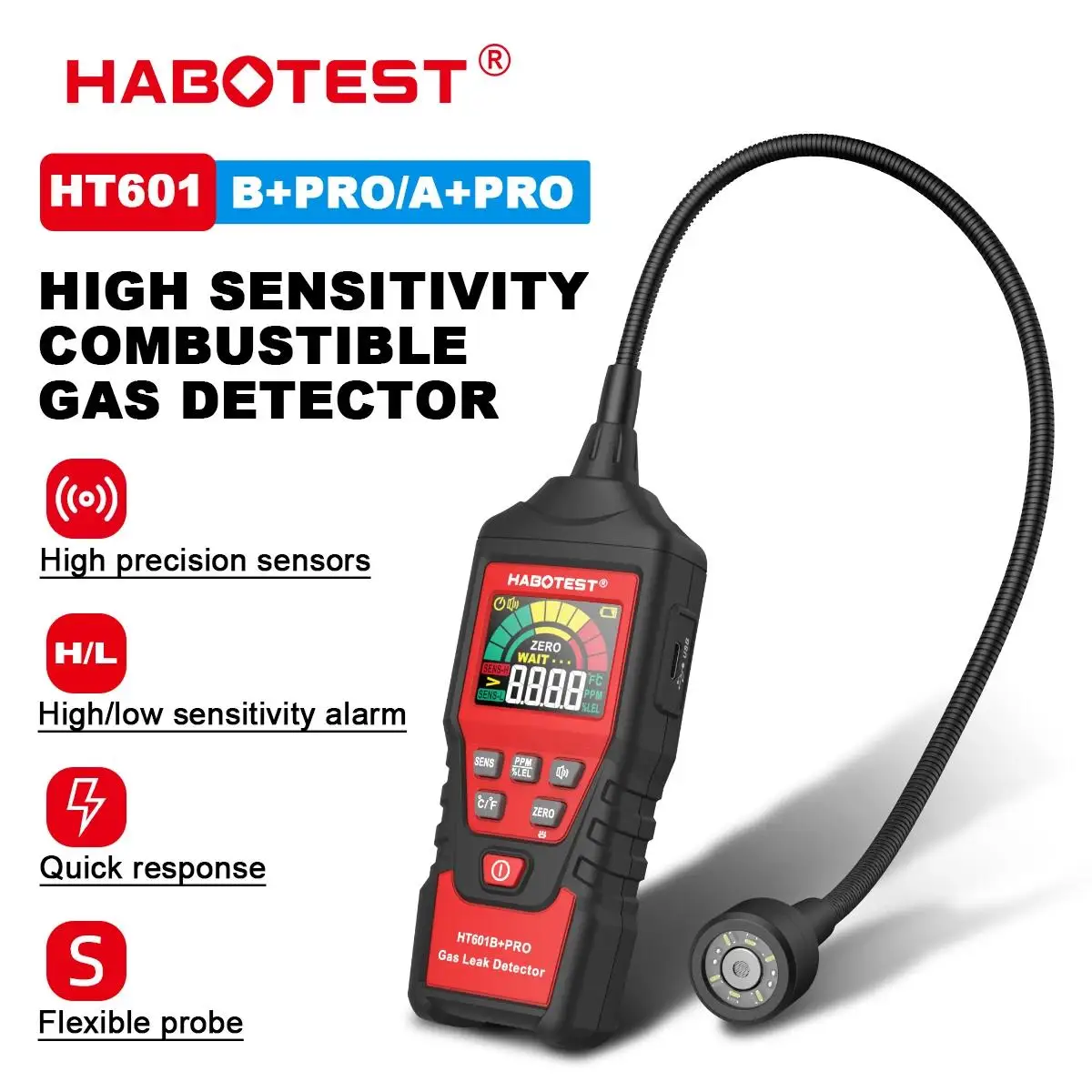 

HABOTEST HT601B + PRO Детектор утечки газа 0-9999PPM Гибкий зонд Быстрая реакция Детектор горючего легкозаймистого природного метана