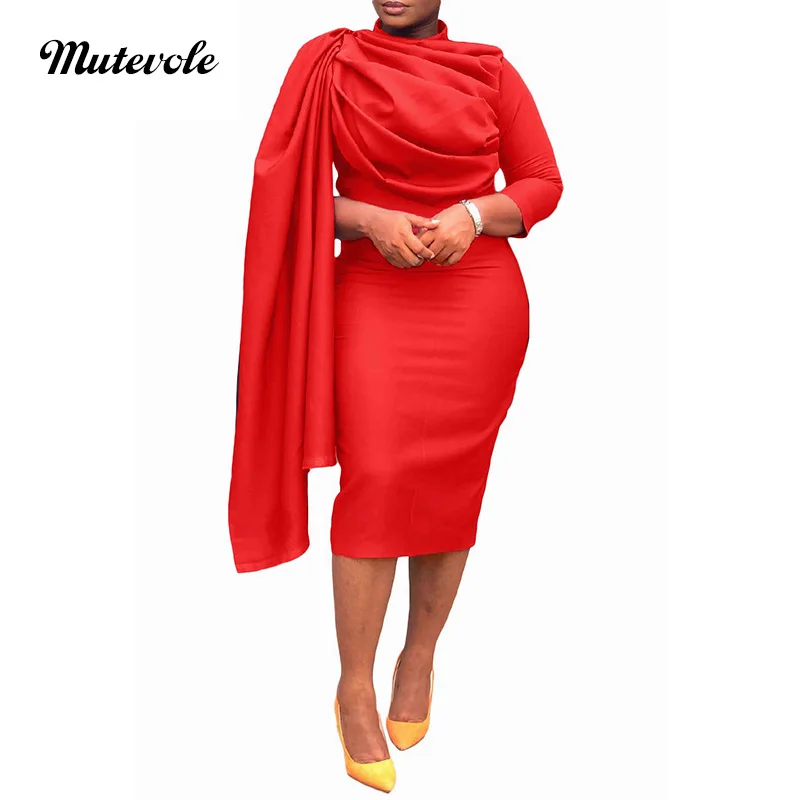 

Mutevole Solid Color Irregular Shawl Midi Dress Women Elegant Bodycon Back Zipper Dress