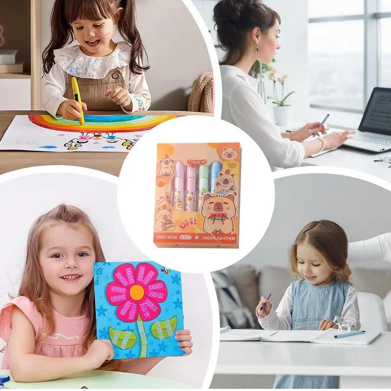 قلم تحديد كارتوني للأطفال، مجموعة أقلام تحديد كابيبارا الجمالية مكونة من 6 أطراف إزميل، ألوان متنوعة، مستلزمات مدرسية