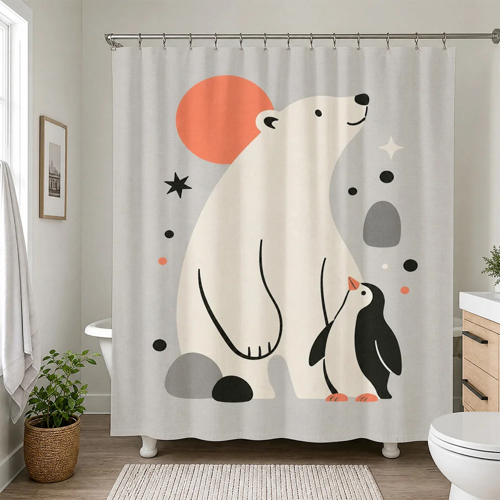 Cute Cartoon Polar Bear and Penguin Shower Curtain Bathroom Decor Nursery Kids Shower Curtain