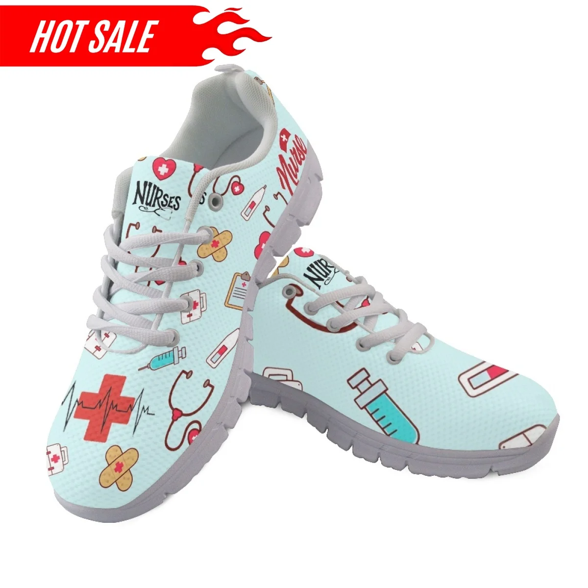 2023 Women Nurse Shoes Breathable Lace up Flat Shoes First Aid Sign Medical Tool Print Ladies Mesh Sneakers Zapatos
