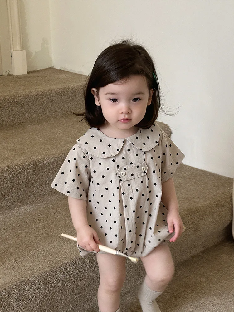 2024 Summer New Baby Girl Dot Casual Bodysuit Cotton Newborn Toddler Peter Pan Collar Jumpsuit Infant Short Sleeve Clothes 0-24M