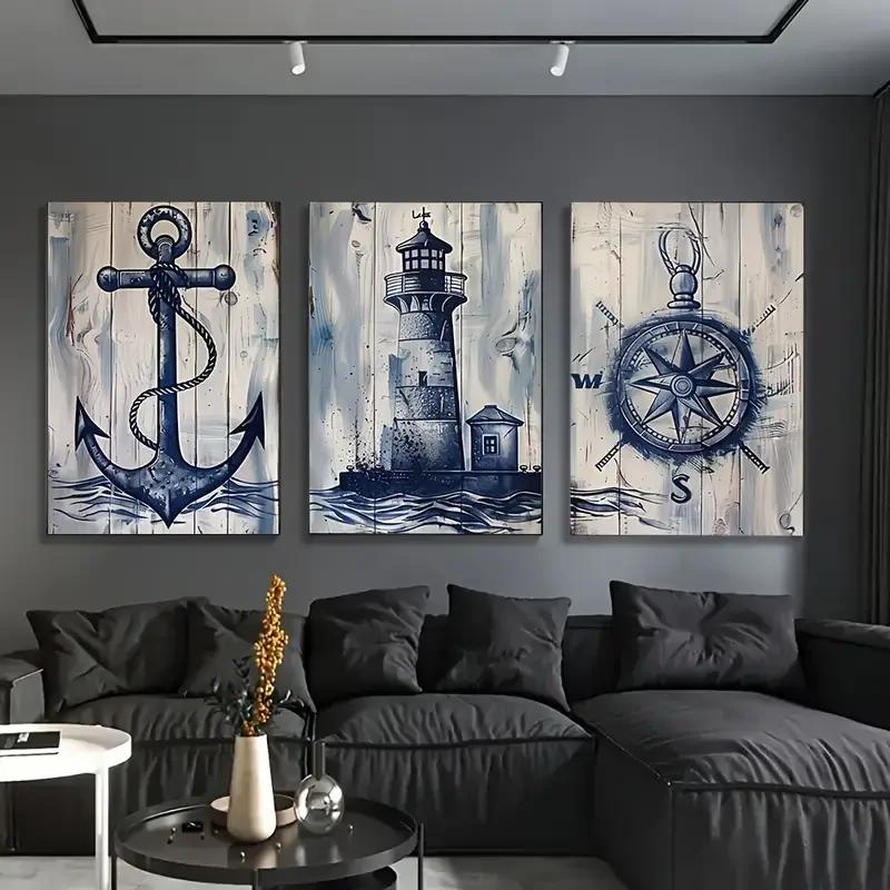 Vintage Nautical Wall Decor Set of 3 - Reusable Rectangular Canvas Posters with Lighthouse, Anchor, and Compass Patterns for Bed