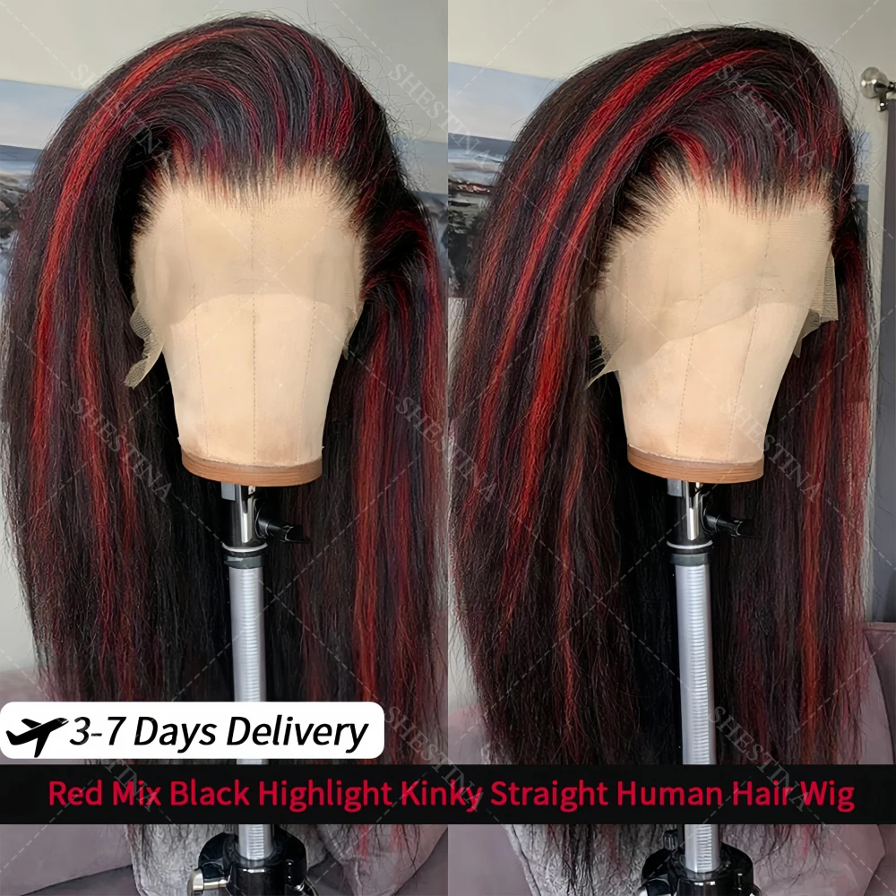 

Красный парик с черными акцентами, кудрявый, прямой, 200% плотности, 13x4, без клея, с предварительно вырезанным 5x5 кружевным фронтальным париком, из натуральных волос