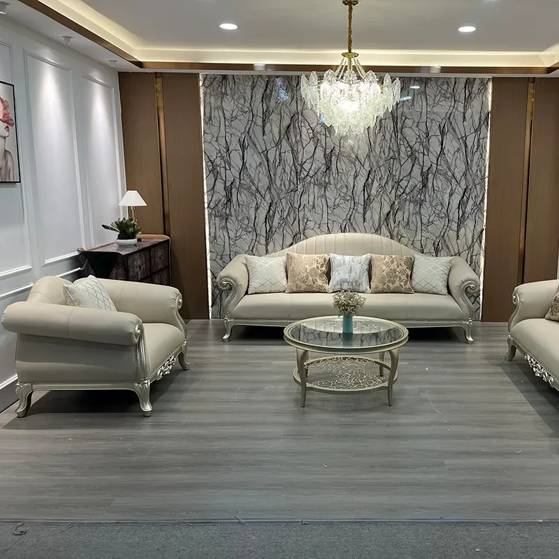 American Light Luxury Solid Wood Carved Leather Three Seater Sofa Modern Living Room Furniture Comfortable Couch for Home