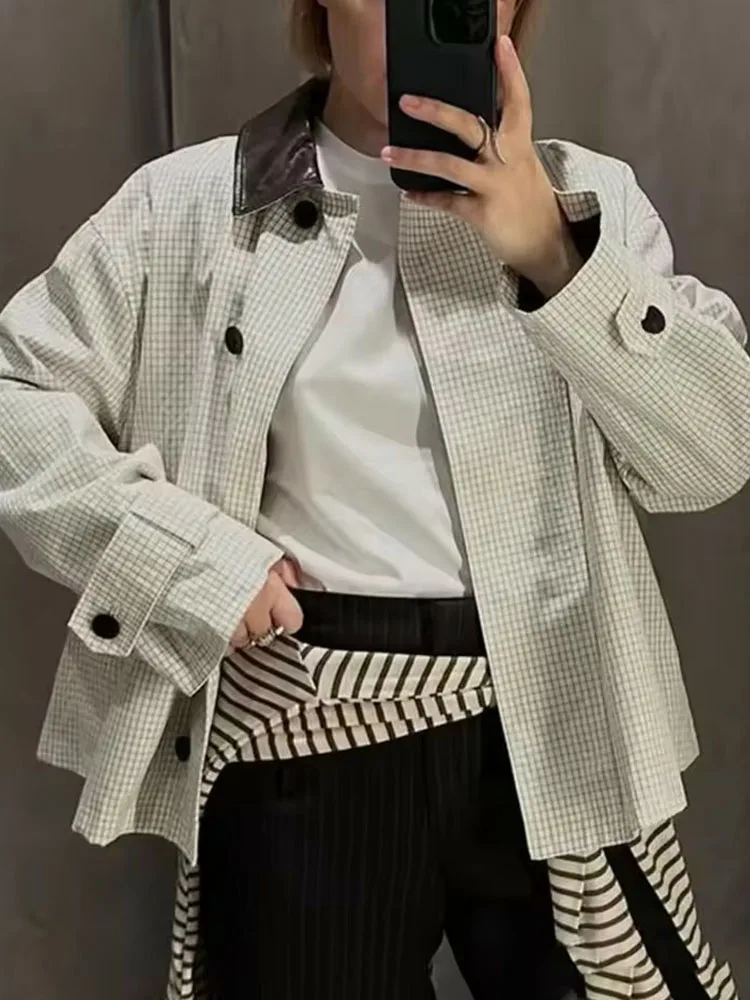 

Женская осень 2021, Y2K, свободная клетчатая куртка с длинным рукавом, однобортный, из искусственной кожи, лоскутный воротник, женский плащ, верхняя одежда ﻿