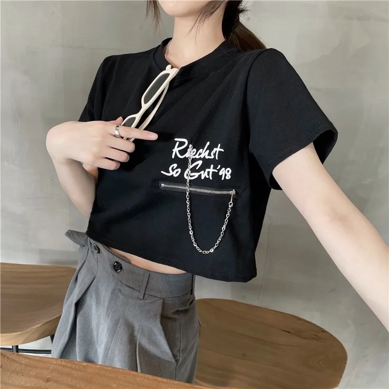 Korean Style Short Design T-shirts Women 2024 New Summer Loose O-neck Niche Zipper Letters Printed Short-sleeved Tops Female