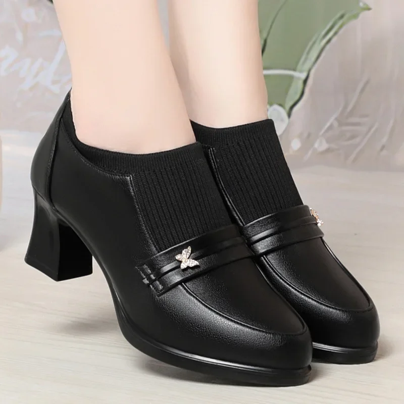 5.5cm 7.5cm Comfortable Black Butterfly Flexible Platform Pumps Women 2024 Spring Block High Heels Shoes for Office Model Mom