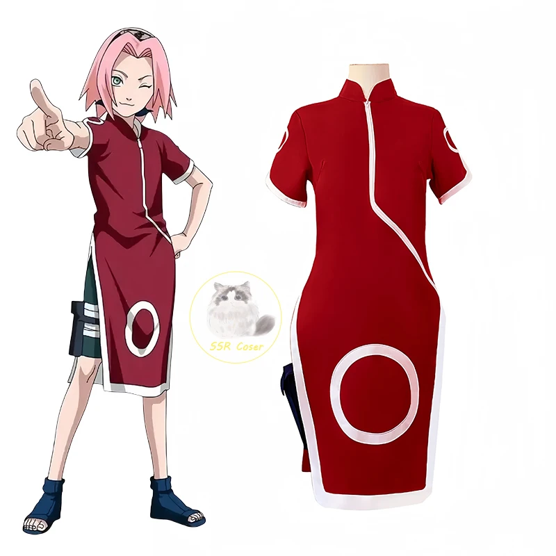 Bilibili Haruno Sakura Cosplay Costume Anime Sakura Dress Ninja Cartoon Uniform Outfit Sakura Wig Halloween Carnival Costume