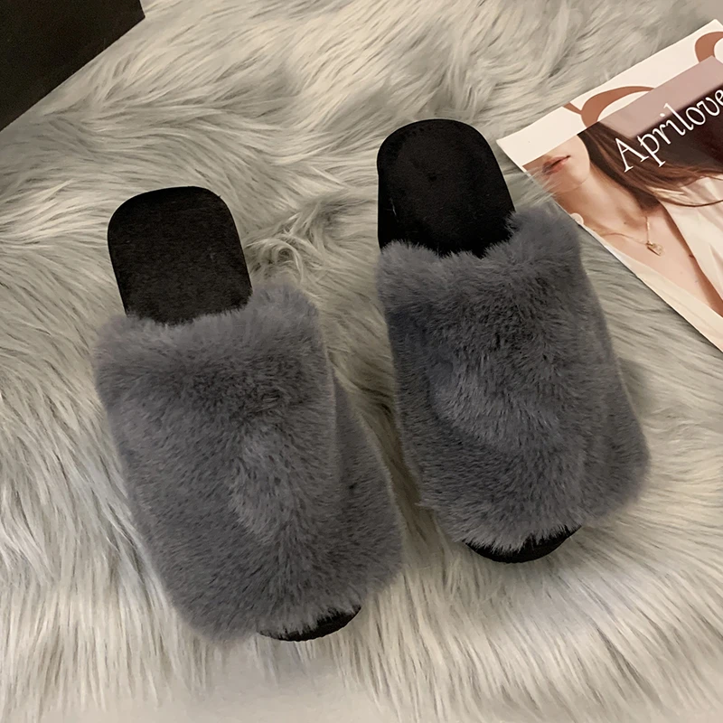 Women Slippers Fur Shoes Ladies Luxury Slides Heels Wedge Pantofle Platform Plush Designer High Fabric Rome Rubber Spring Autumn