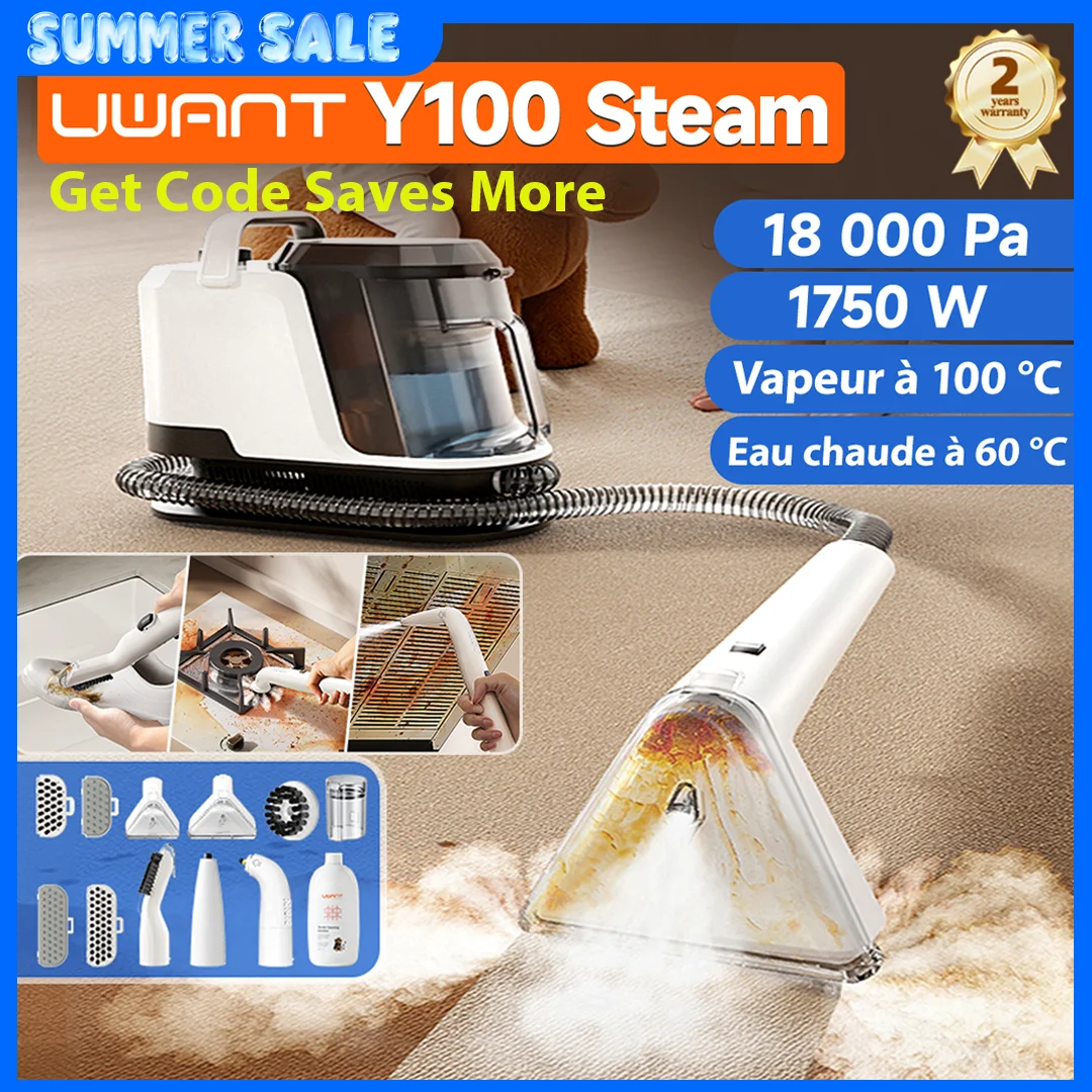 Nettoyeur de tapis à vapeur Uwant Y100 100 ° C Steam 18KPa 1750W brosse de pulvérisation aspiration auto-nettoyante plusieurs buses pour canapé voiture chaussure animal de compagnie