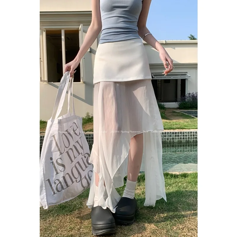 

Irregular Mesh Splicing Hip Skirt 2026 Summer Korean Version Design Women's Long Dress