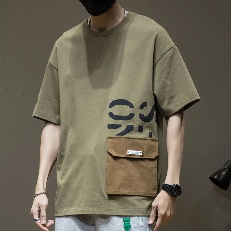 

Loose T Shirt for Men Print Pocket Top Korean Clothing Man Tee Shirts Vintage Wholesale Elastic Fashion Cheap Clothes Summer Y2k