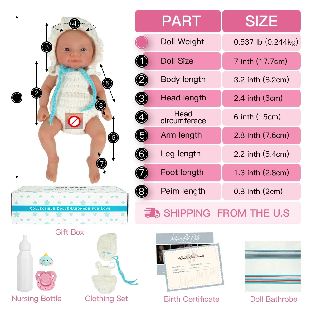 7" Micro Preemie Full Silicone Sweet Baby Doll  "Mia" and "Eli" Lifelike Mini Reborn Doll Surprice Children Anti-Stress