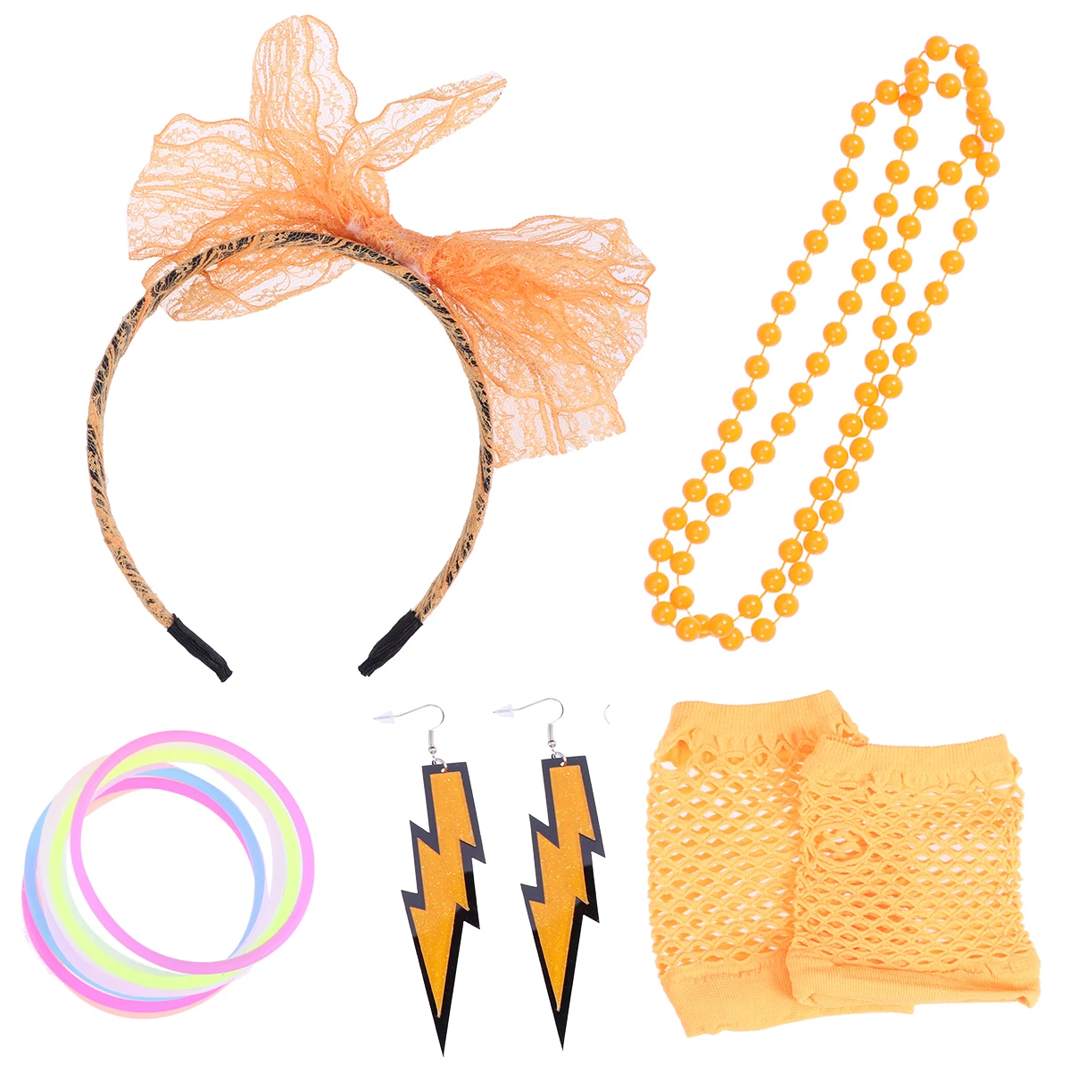 

80s Costume Accessories Set Dress Up Items Fishnet Gloves Lace Headband Colorful Jewelry Halloween Party Fancy Dress 80s