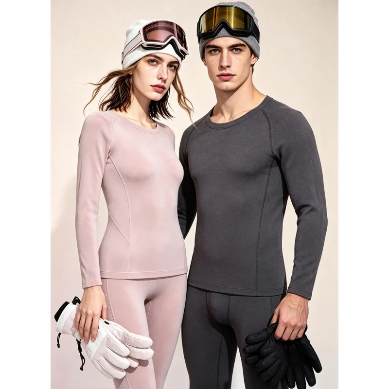 Men's and Women's Lyocell Couple Thermal Underwear Sets Warm Lightweight Breathe Quick-Dry Outdoor Sports Suits Top+Pant 2pcs